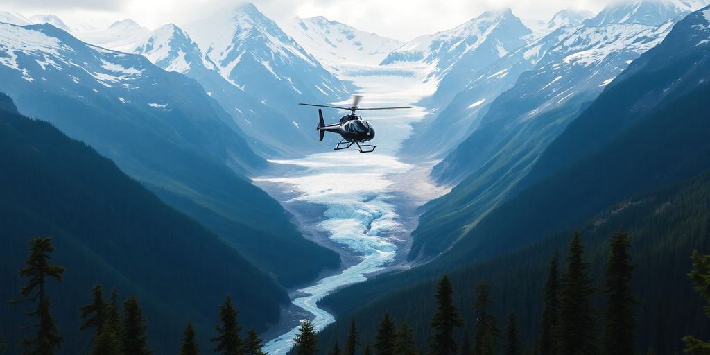 A helicopter flying over vast, snow-covered Alaskan mountains.