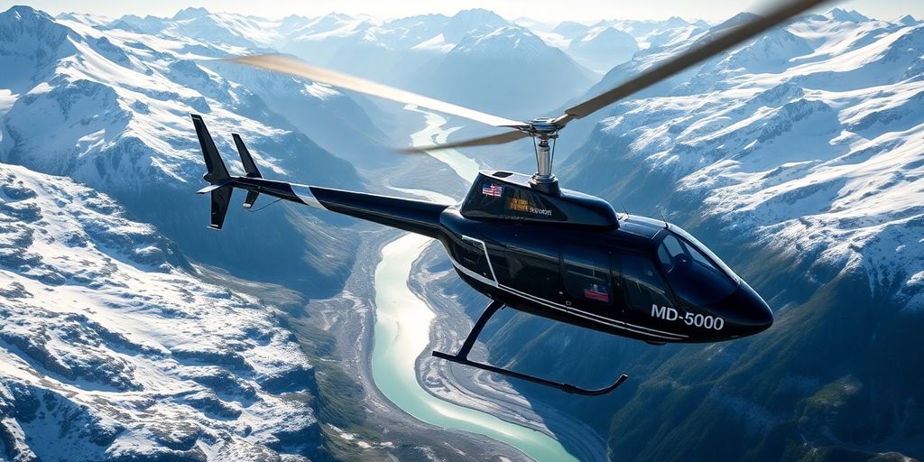 An MD 500E helicopter flying over a vast Alaskan wilderness.