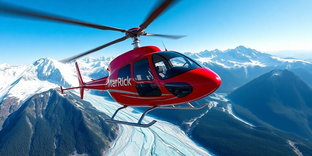 A red helicopter flies over vast, snowy Alaskan mountains.
