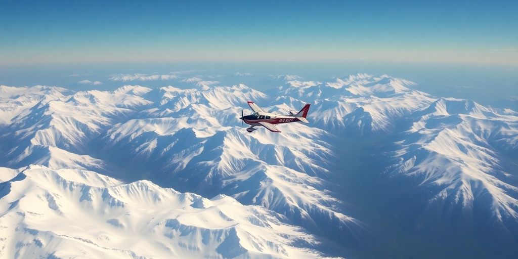 Aerial view from a helicopter of a vast, snowy mountain range.