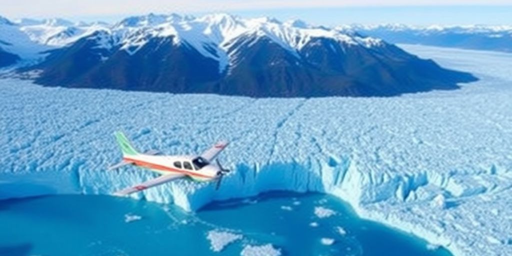 Small sightseeing plane flying above a vast Alaskan glacier.