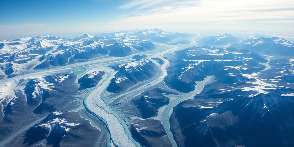 A helicopter flies above vast Alaskan glaciers and mountains.