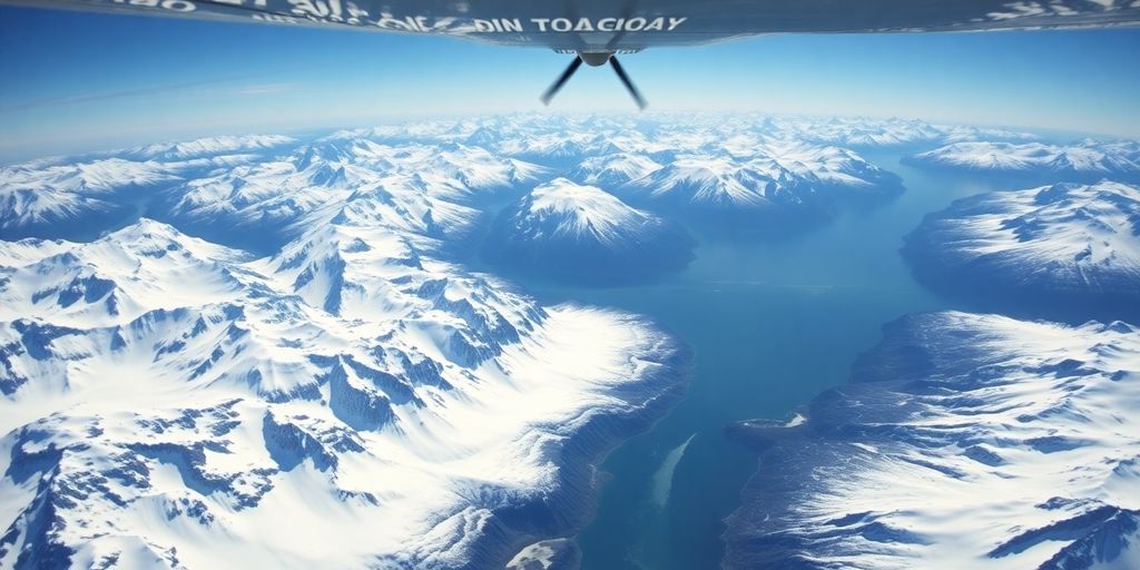 Small airplane flying over snowy Alaskan mountains and glaciers.