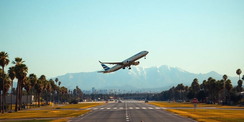 An airplane takes off from Los Angeles toward snowy mountains.