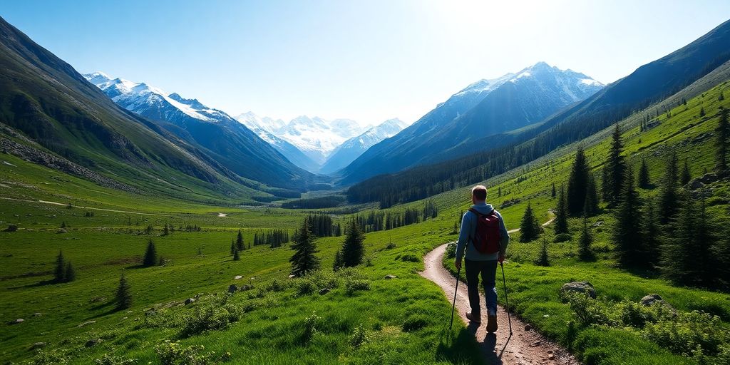 Hiker on a mountain trail overlooking a Girdwood valley.