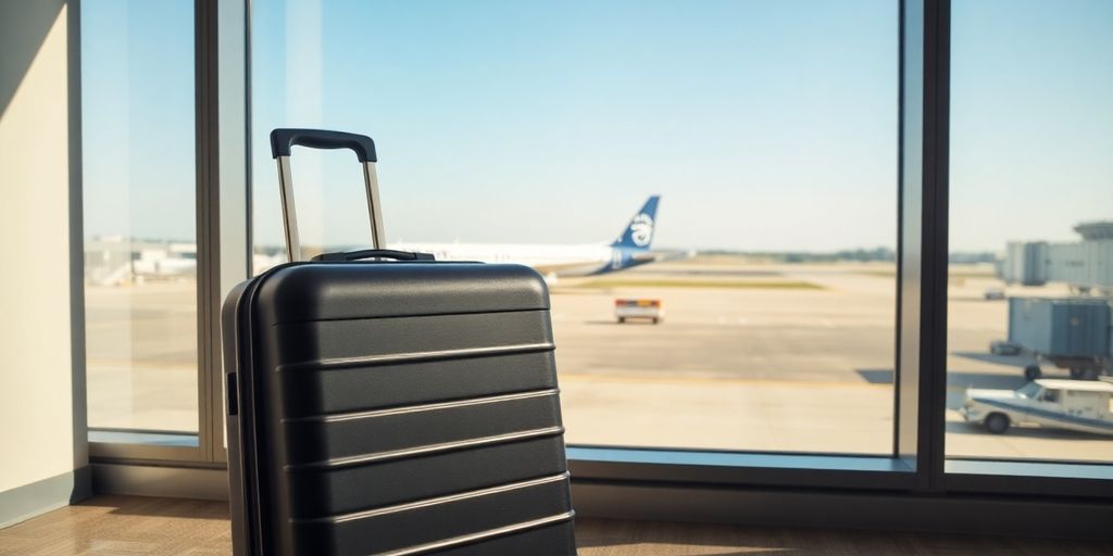 A traveler's carry-on suitcase next to an Alaska Airlines airplane.
