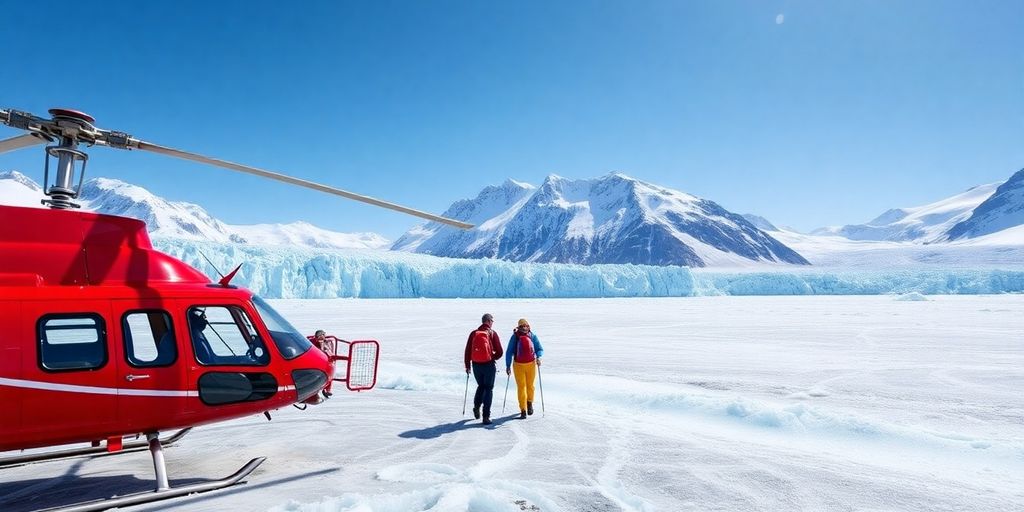 A red helicopter and hikers on a massive glacier.