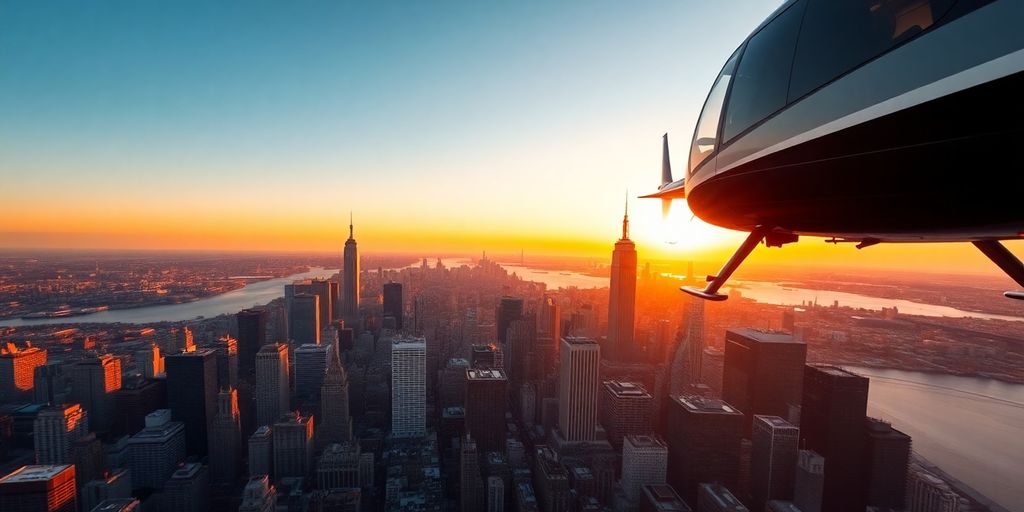 A helicopter flying over the New York City skyline.
