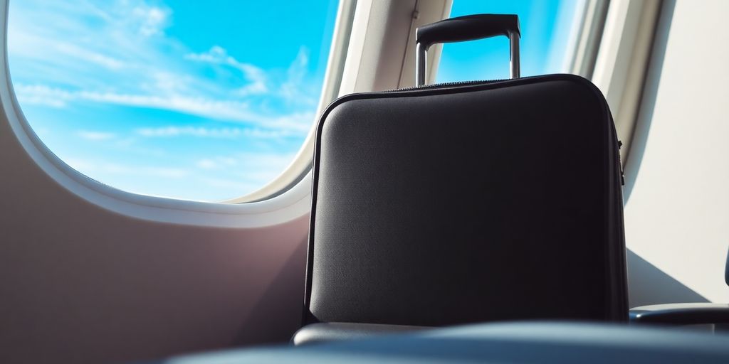Carry-on bag against airplane window
