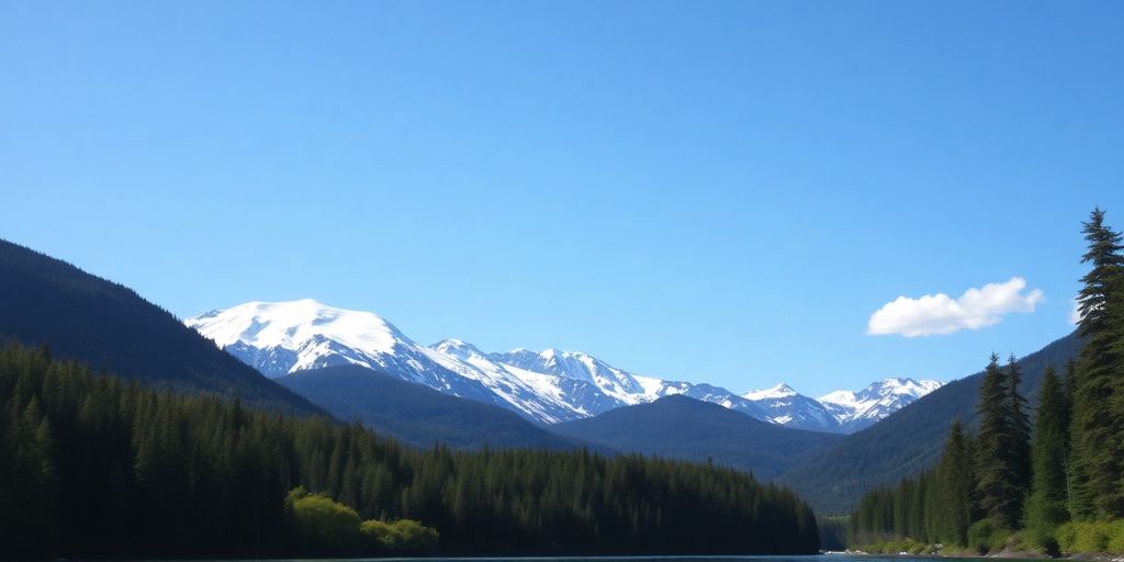 Alaskan landscape with sunlight, mountains, and water