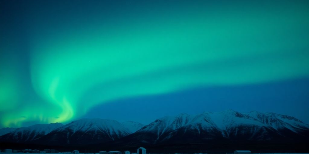 Green aurora over snow-covered mountains