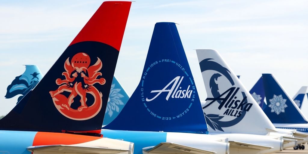 Aircraft tail fins with different Alaska Airlines liveries.