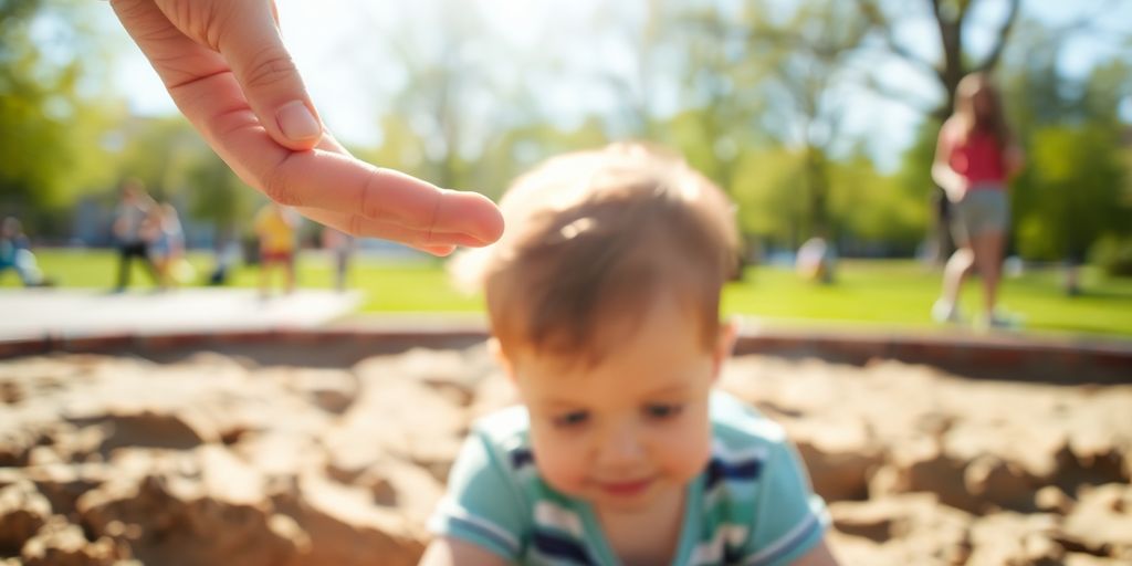 Child playing, parent hovering.