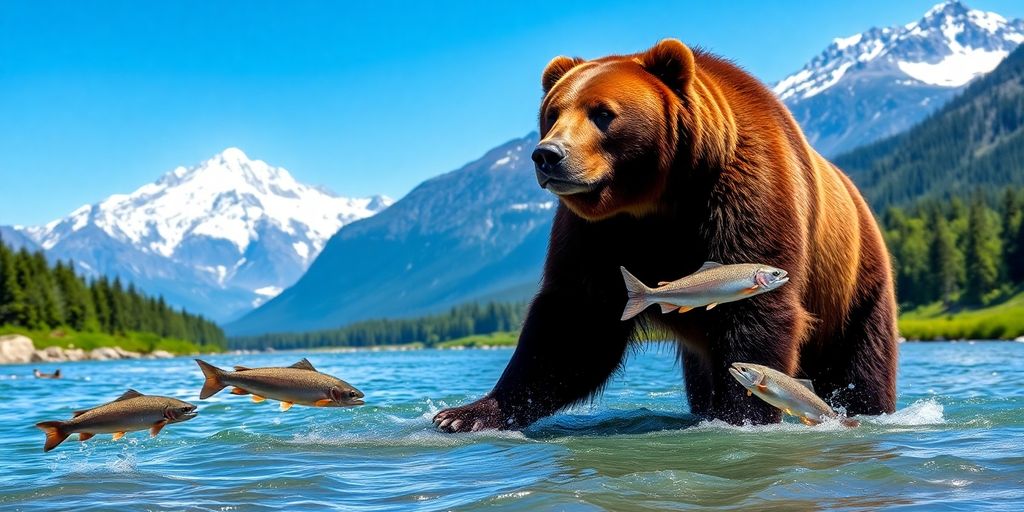 Brown bear fishing for salmon in Katmai river.