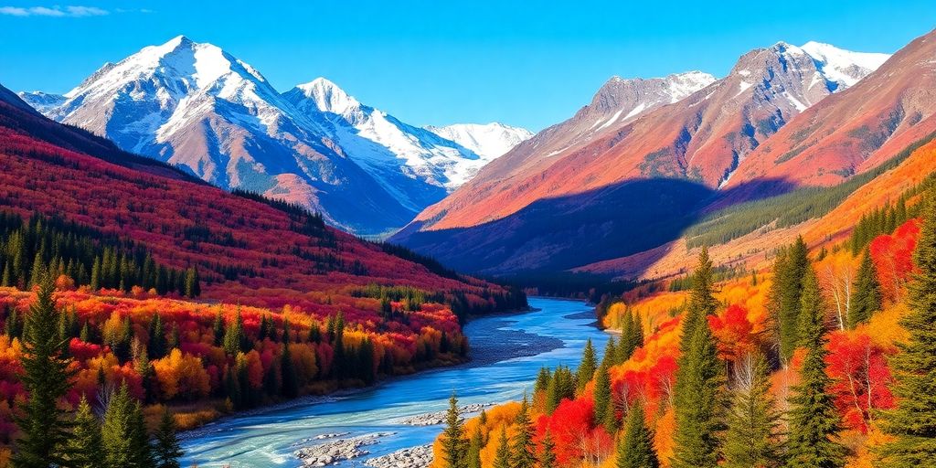 Majestic Alaskan landscape with mountains, river, and autumn trees.