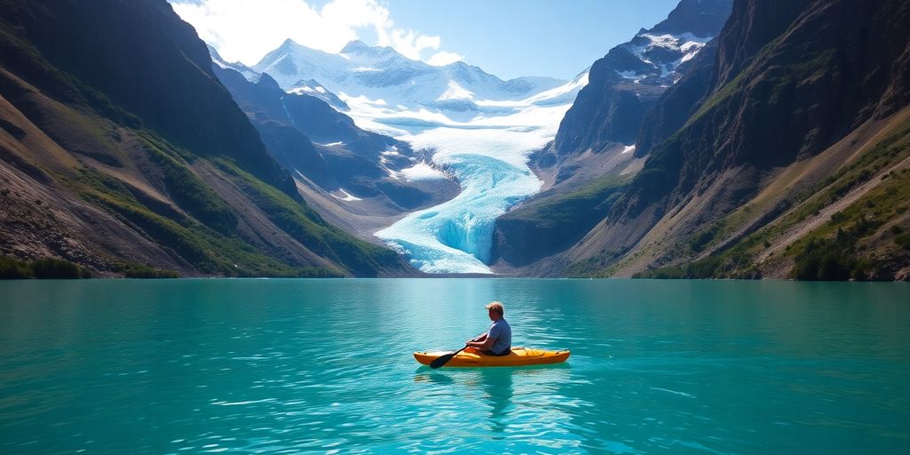 Glacier, kayaker, mountains, Alaska, summer, blue water