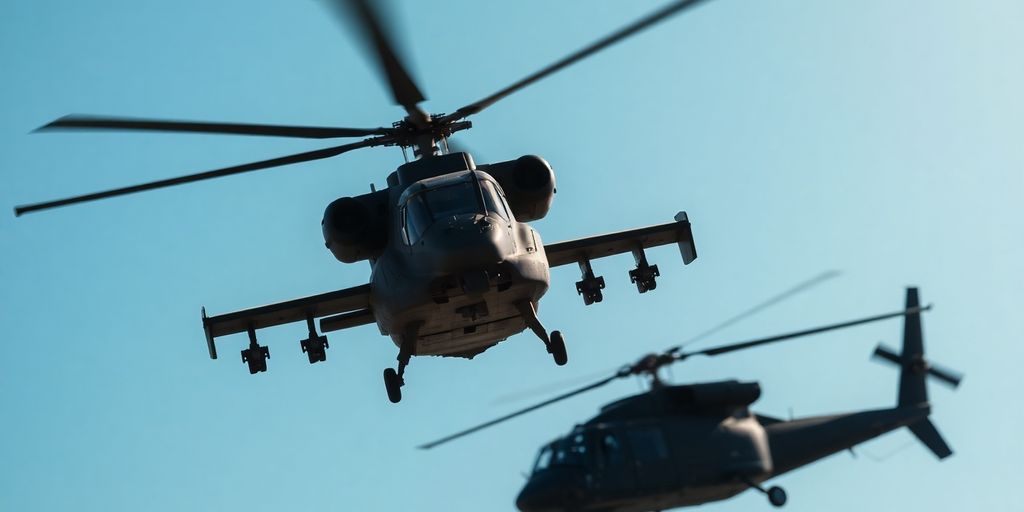 Apache and Blackhawk helicopters flying together.