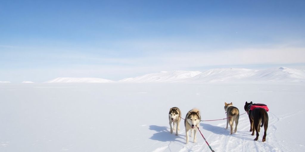 Snowy Alaskan mountain landscape, dog sled team.