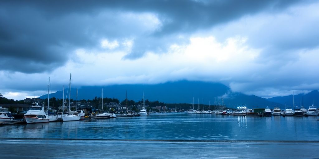 Rainy Ketchikan harbor, mountains, mist.