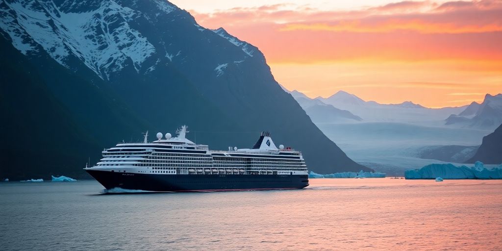 Cruise ship sailing Alaskan fjord, glaciers, mountains, sunset.