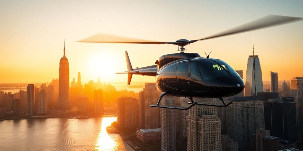 Helicopter soaring above New York City skyline at sunset