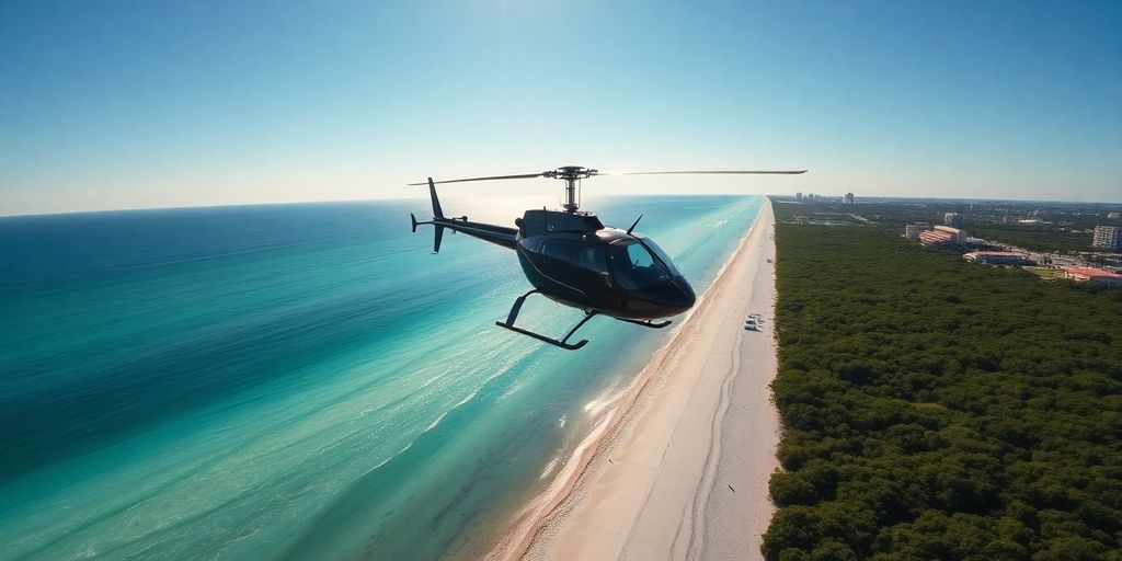 Helicopter soaring above Destin's coastline.