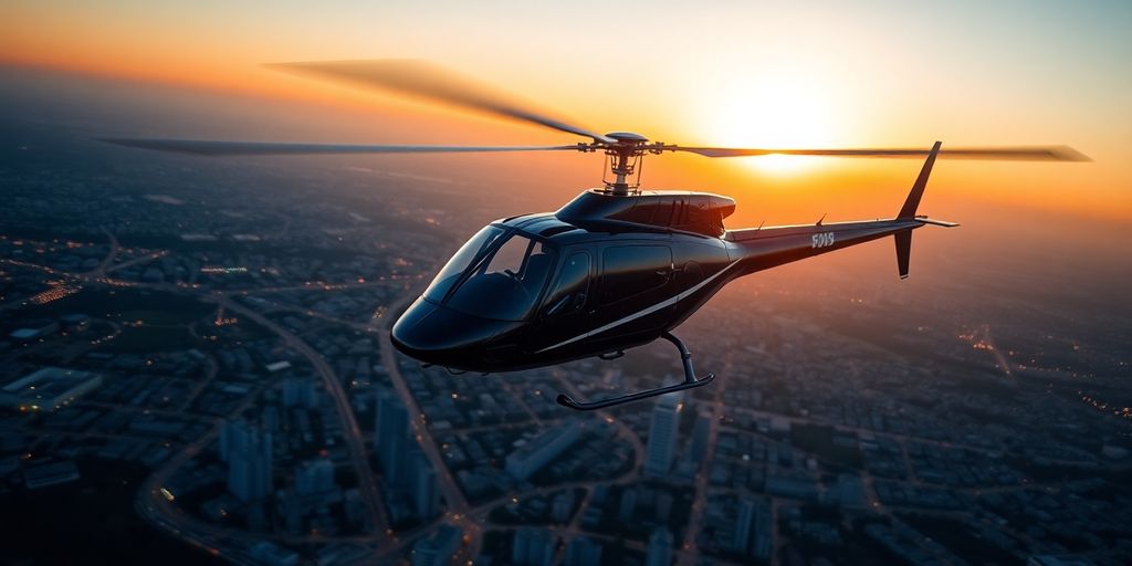 Helicopter soaring over a vibrant city skyline at sunset.