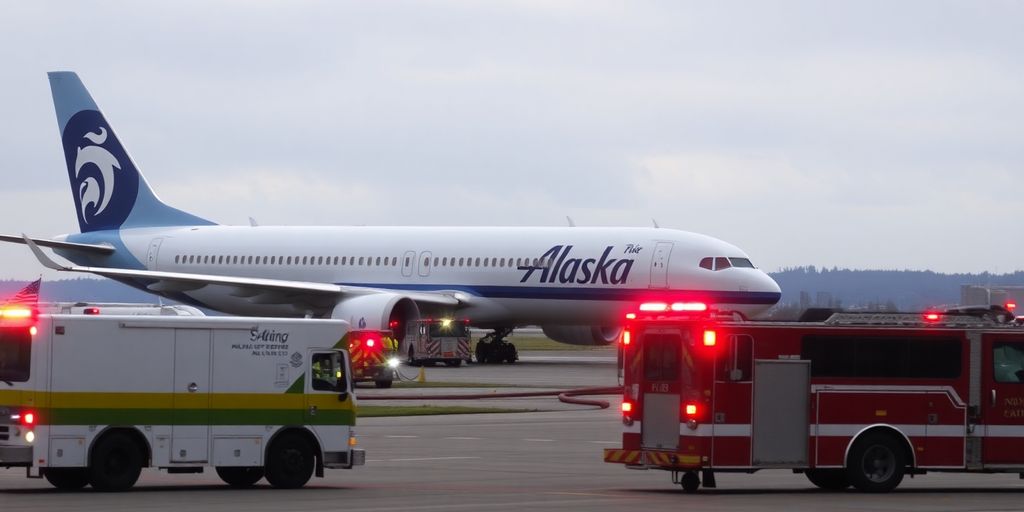 Aircraft on runway, emergency vehicles nearby.