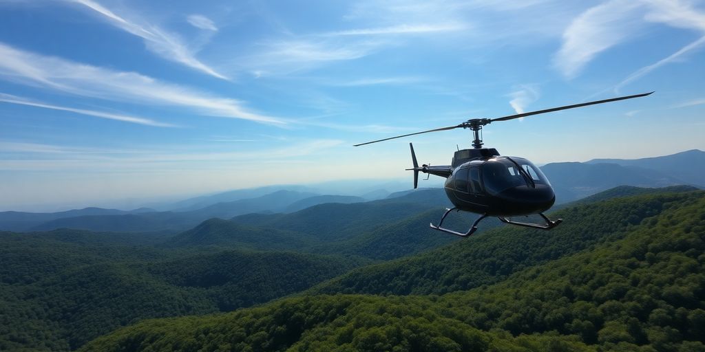 Helicopter flying over lush green Smoky Mountains, clear sky.