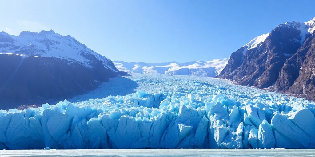 Majestic Alaskan glacier, deep blue ice, sunlit peaks.