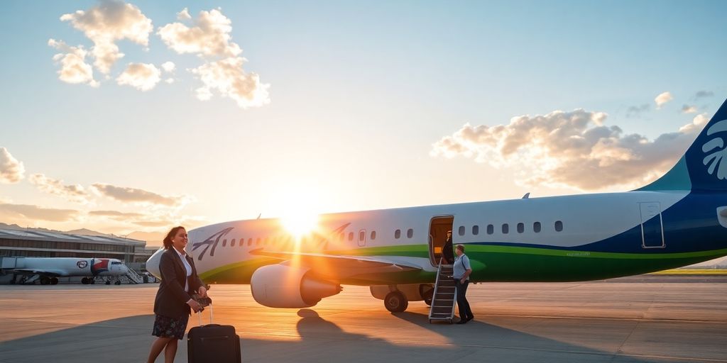 Airline jet on runway with passenger approaching and attendant nearby