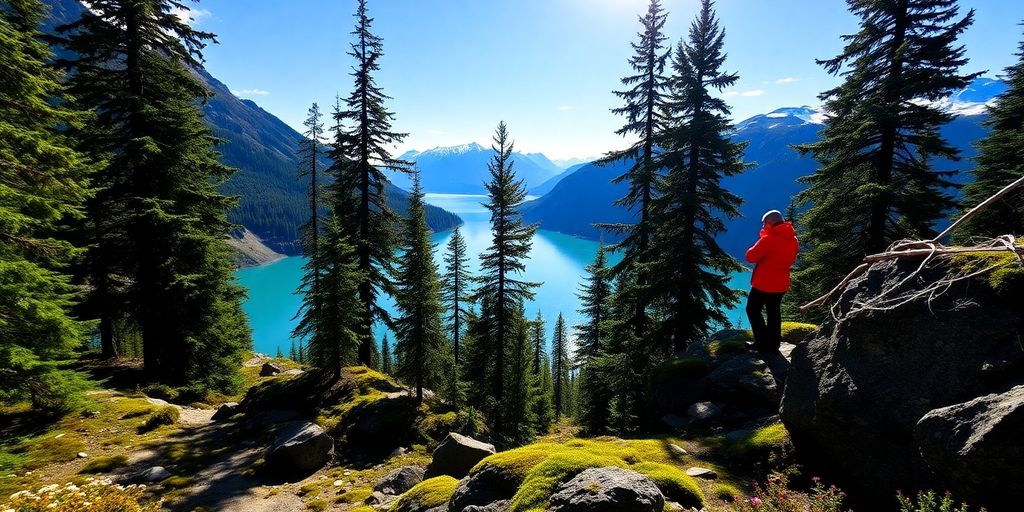 Hiker on forest trail overlooking turquoise glacial lake and peaks