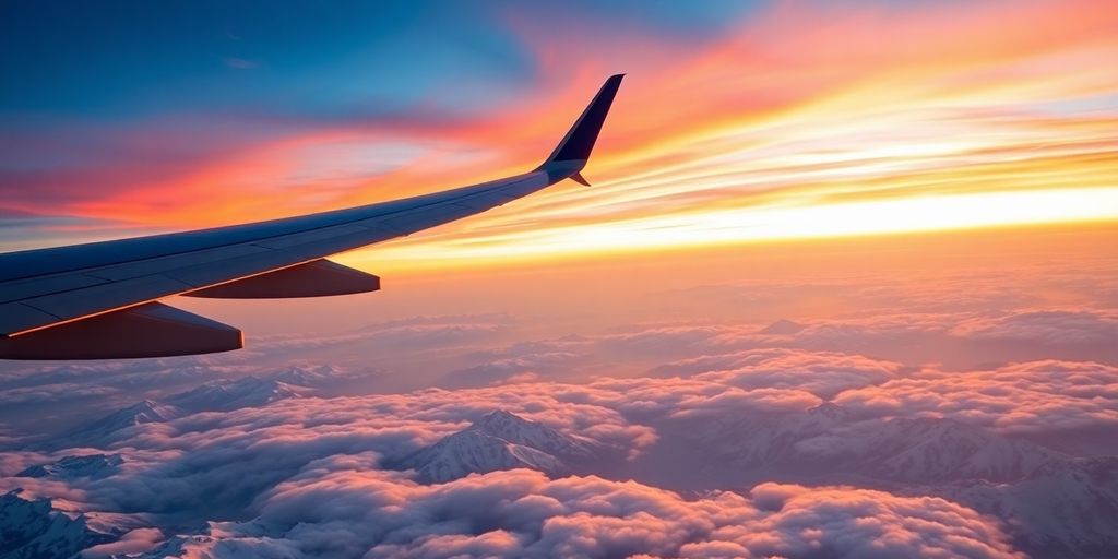 Alaska Airlines plane flying over mountains under colorful sunrise sky