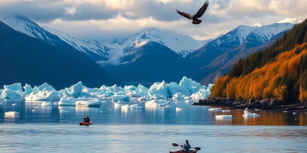 Kayaker paddling past icebergs with bald eagle and snowy mountains.