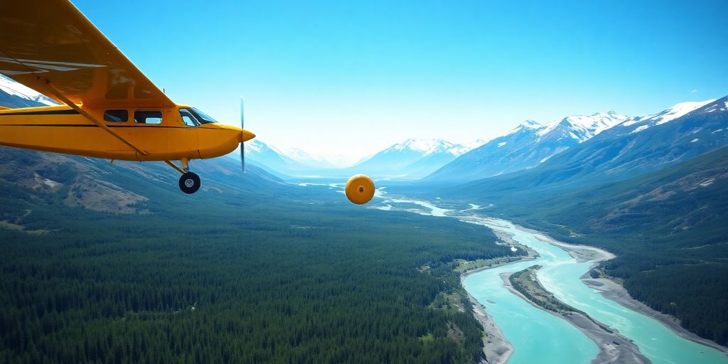 A small yellow plane flies over an Alaskan mountain range.