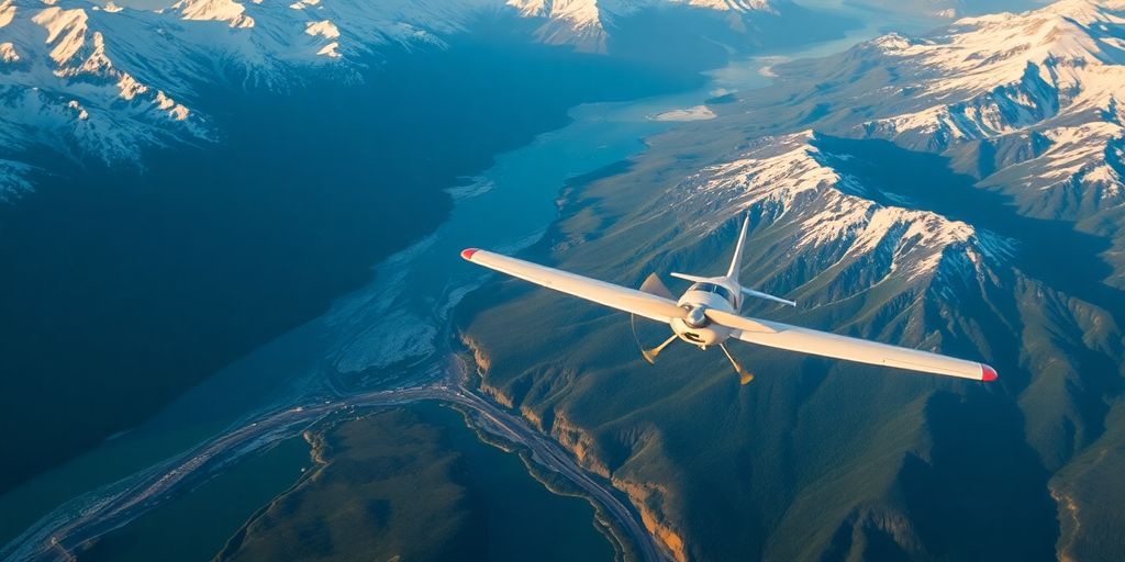 Small plane flying over vast, snowy Alaskan mountain ranges.