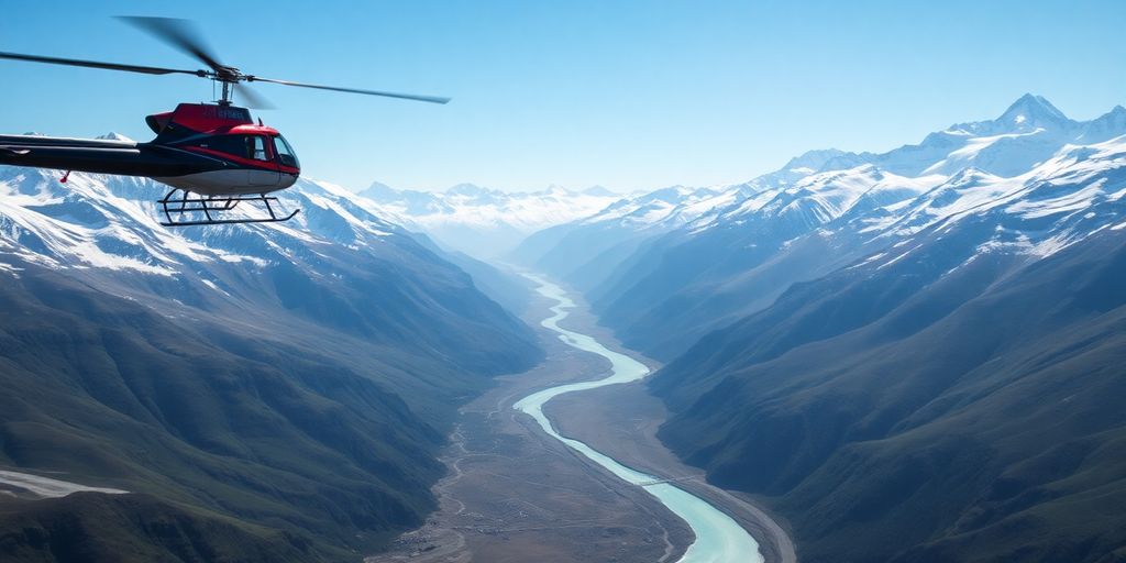 A helicopter flies over a vast Alaskan mountain range.