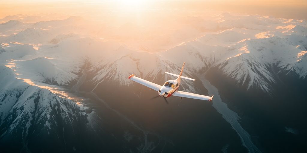 A small plane flies over majestic Alaskan mountains and glaciers.