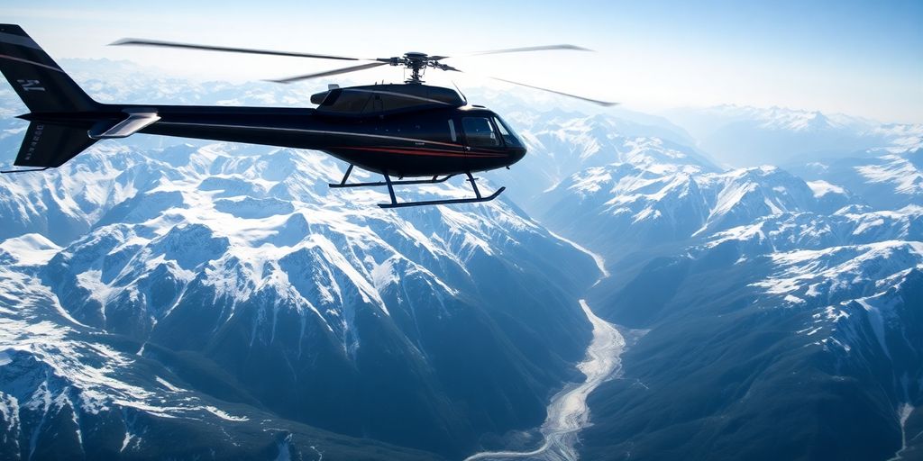 A helicopter flying over vast, snow-capped Alaskan mountains.
