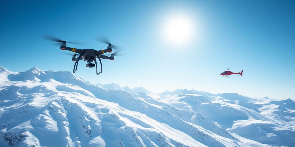 A drone and a helicopter fly over snowy Alaskan mountains.