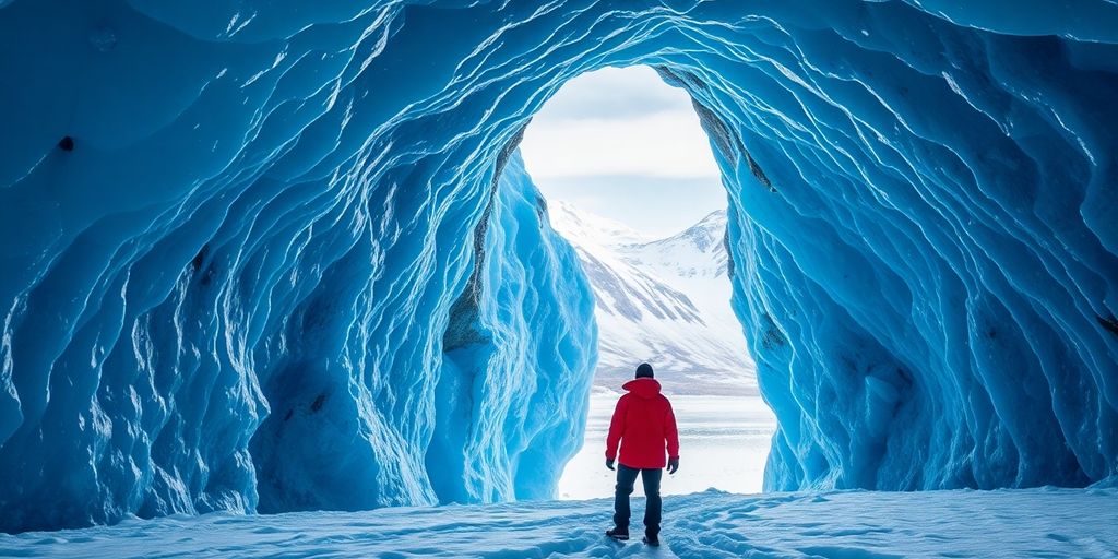 A person stands inside a glowing blue Alaskan ice cave.