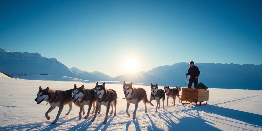 A team of husky dogs pulling a sled in Alaska.