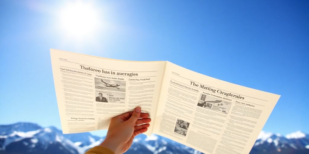 A person holding a newspaper with Alaskan mountains behind them.