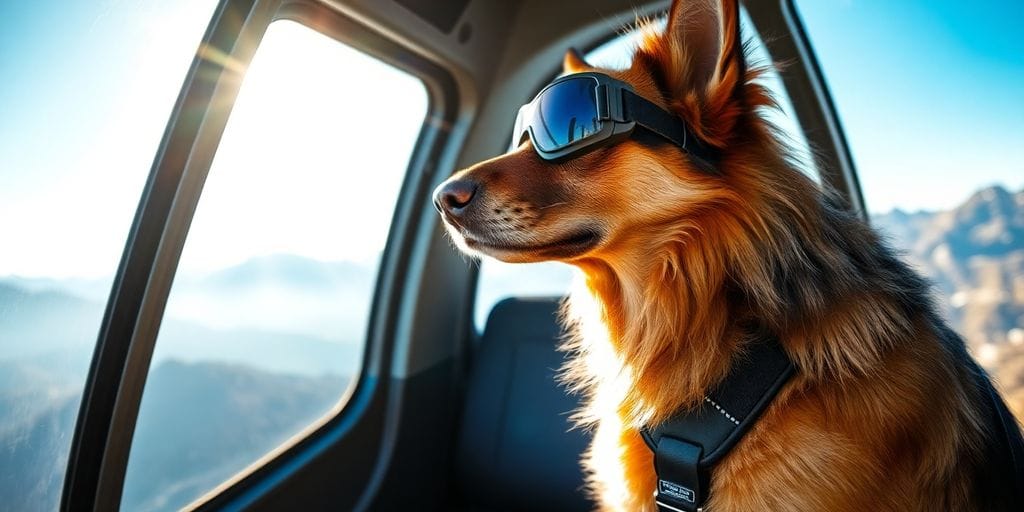 Dog in helicopter, goggles, ready for aerial mission.