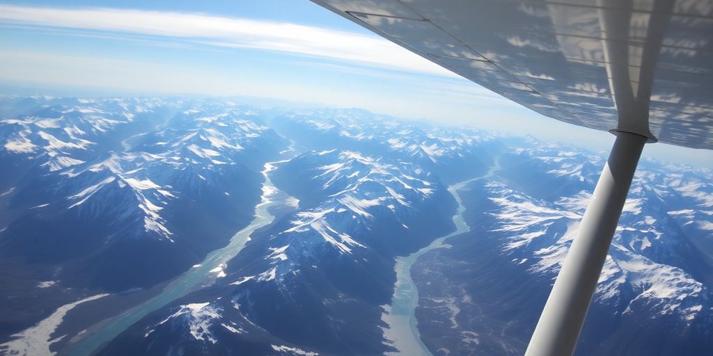 A small red plane flying over snowy Alaskan mountains.