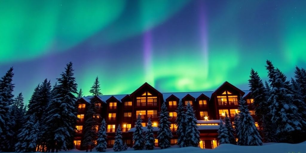 A cozy Alaskan hotel under the vibrant northern lights.