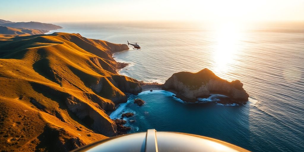 A helicopter flying over the scenic California coastline at sunset.