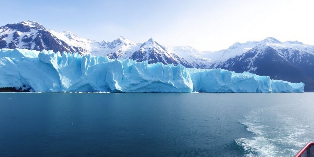 A massive tidewater glacier calves into a deep Alaskan fjord.
