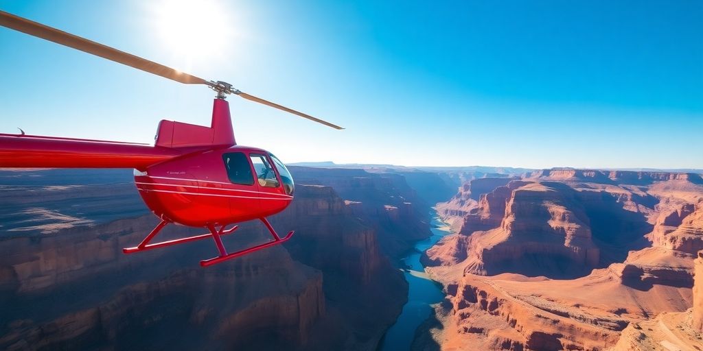 A sleek helicopter flying over the majestic Grand Canyon.