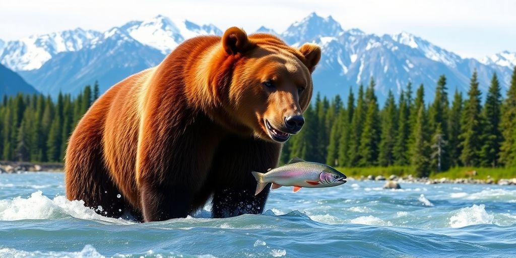 An Alaskan brown bear catches a salmon in a river.